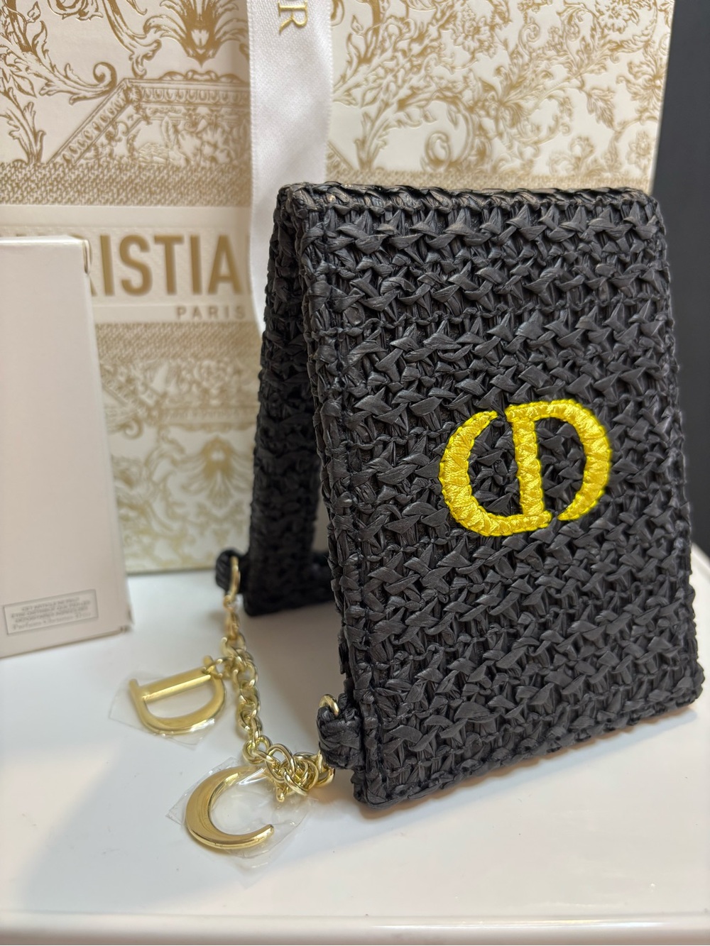 Dior Black Woven Raffia Mirror with Yellow CD chain